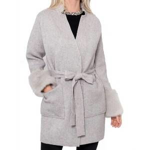 NEW LOVE TOKEN ginny knit cardigan w-faux fur trim in light grey